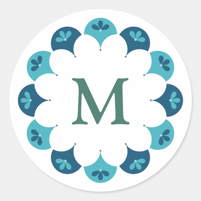 Scallop Floral Custom Colours Monogram Classic Round Sticker (Front)