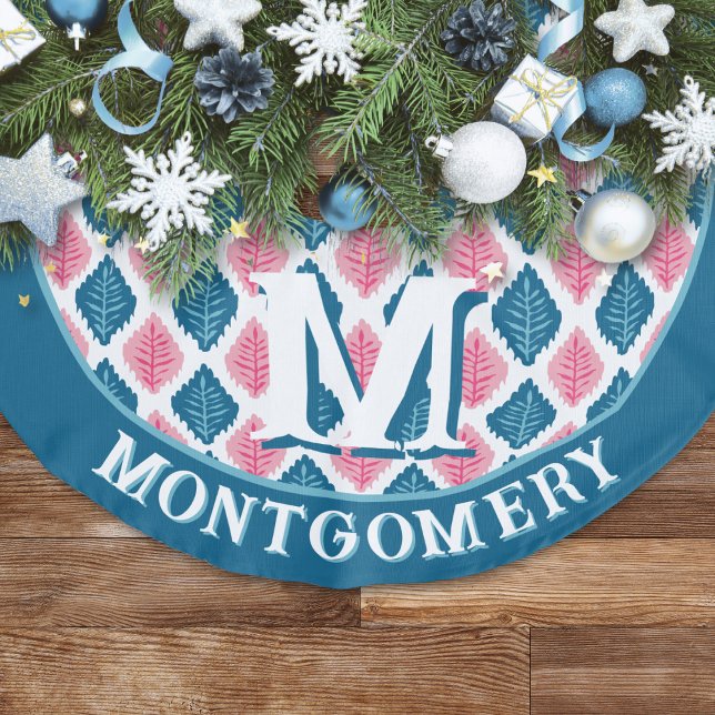 Scallop Leaf Diamond in Pink + Aqua Personalised Faux Linen Tree Skirt (Creator Uploaded)