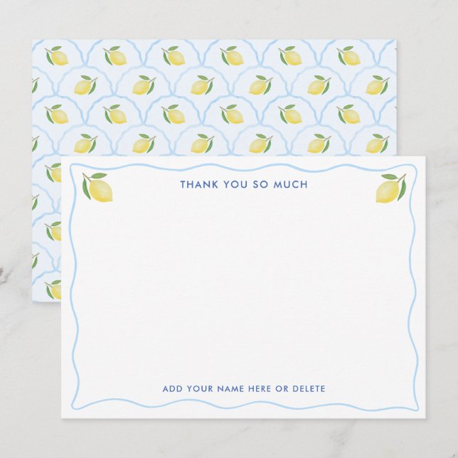 Scallop Light Blue Wavy Edge Lemon Baby Boy Shower Thank You Card (Front/Back)