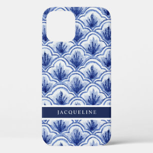 Scallop Pattern Chinoiserie Navy Blue White w Name iPhone 12 Case