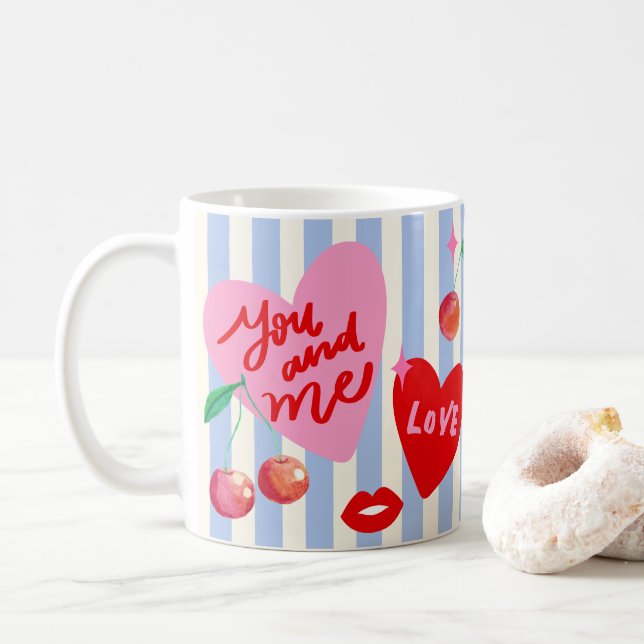 Scallop Photo Frame Hearts Cherries Lips Love Cute Coffee Mug (With Donut)