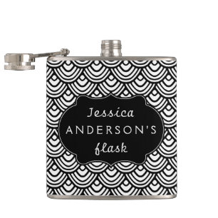 Scallop Scale Pattern Personalised Black and White Hip Flask
