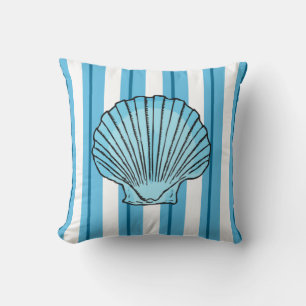 Scallop Seashell and Stripes in Ocean Colours Cushion