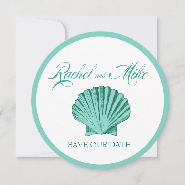 Scallop Seashell Beach Wedding | aqua Save The Date (Front)