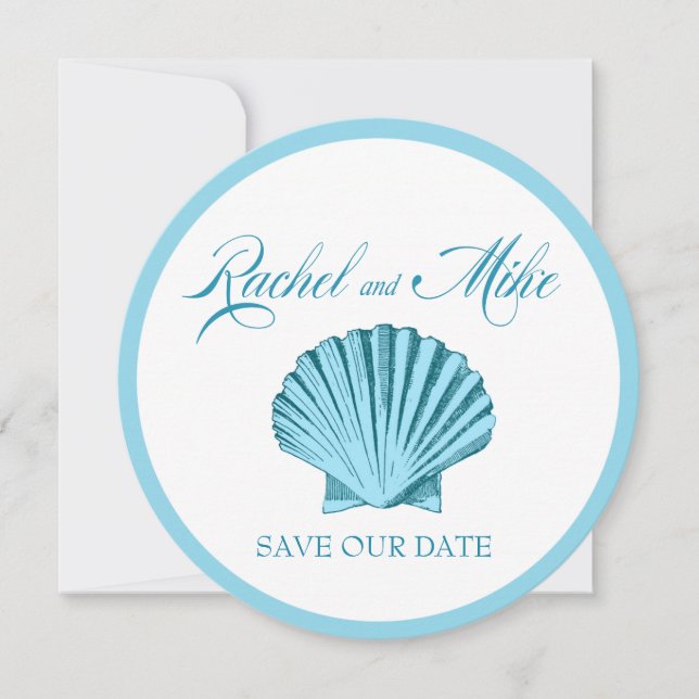Scallop Seashell Beach Wedding | mint blue Save The Date (Front)