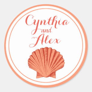 Scallop Seashell Beach Wedding   peach Classic Round Sticker