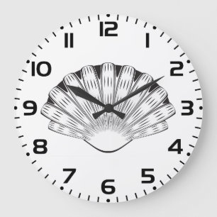 Scallop Seashell Minimalist Black and White Large Clock