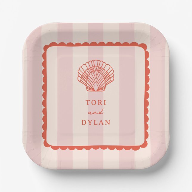 Scallop Seashell Pink Striped Tropical Wedding Paper Plate (Front)