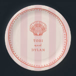 Scallop Seashell Pink Tropical Stripe Wedding Paper Plate<br><div class="desc">Red line art scallop seashell illustration with red text and hand drawn border over light pink stripe background.</div>