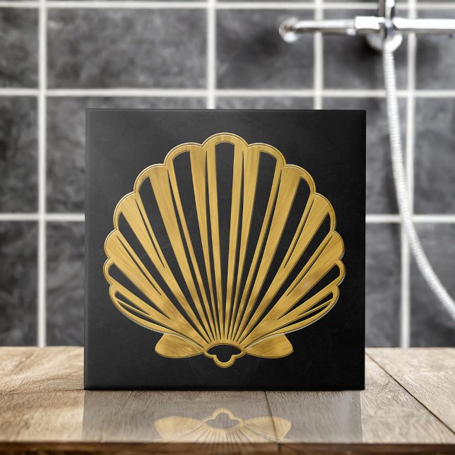 Scallop Shell - Black Marble and Gold Ceramic Tile (Creator Uploaded)