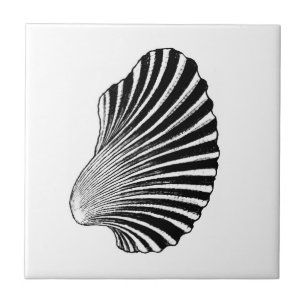 Scallop Shell Block Print, Black and White  Ceramic Tile