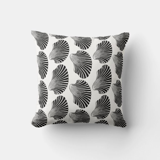 Scallop Shell Block Print, Black and White  Cushion (Front)