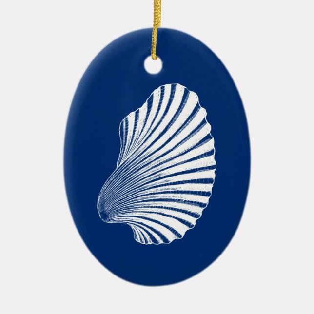 Scallop Shell Block Print, Cobalt Blue and White  Ceramic Ornament (Front)