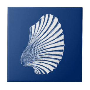 Scallop Shell Block Print, Cobalt Blue and White  Ceramic Tile