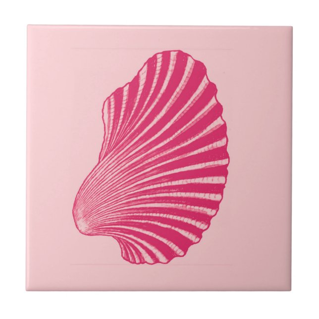 Scallop Shell Block Print, Fuchsia and Pale Pink  Ceramic Tile (Front)