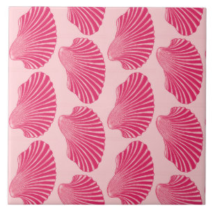 Scallop Shell Block Print, Fuchsia and Pale Pink Ceramic Tile