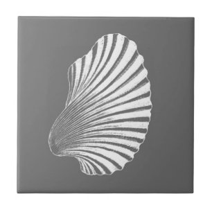 Scallop Shell Block Print, Grey and White  Ceramic Tile