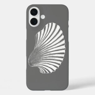 Scallop Shell Block Print, Grey / Grey and White iPhone 16 Plus Case