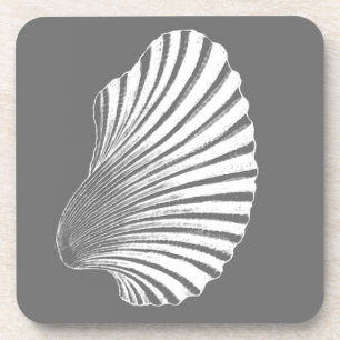 Scallop Shell Block Print, Grey / Grey and White Coaster