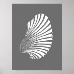 Scallop Shell Block Print, Grey / Grey and White Poster