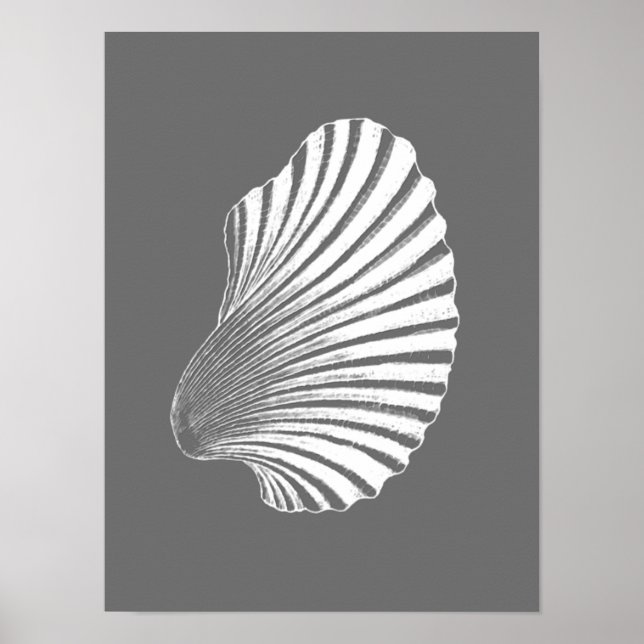 Scallop Shell Block Print, Grey / Grey and White Poster (Front)