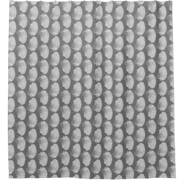 Scallop Shell Block Print, Grey / Grey and White Shower Curtain (Front)