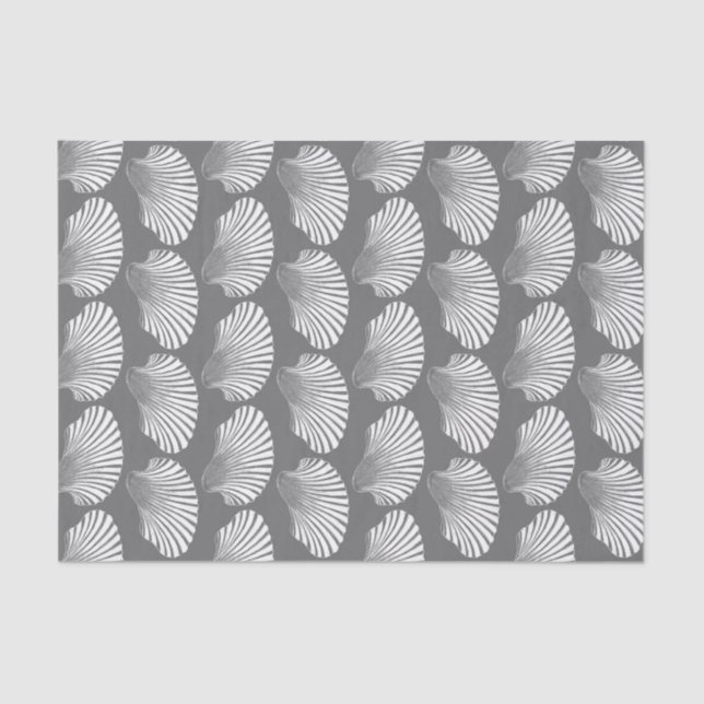 Scallop Shell Block Print, Grey / Grey and White Tissue Paper (Front)
