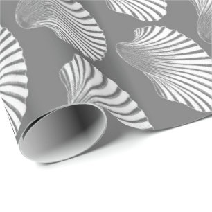 Scallop Shell Block Print, Grey / Grey and White Wrapping Paper