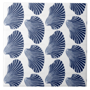 Scallop Shell Block Print, Indigo and White Ceramic Tile