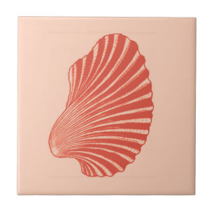 Scallop Shell Block Print, Light Coral Orange  Ceramic Tile