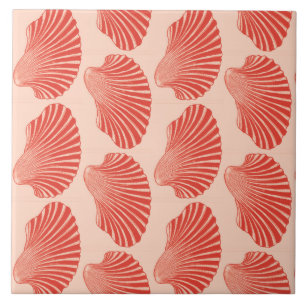 Scallop Shell Block Print, Light Coral Orange Ceramic Tile
