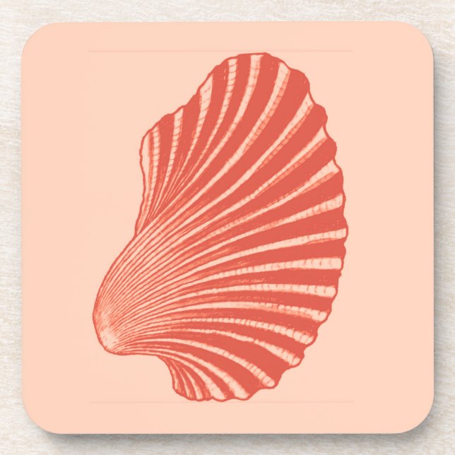 Scallop Shell Block Print, Light Coral Orange  Coaster (Front)