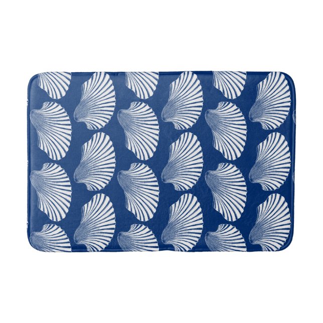 Scallop Shell Block Print, Navy Blue and White Bath Mat (Front)