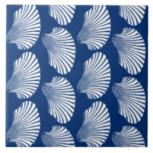 Scallop Shell Block Print, Navy Blue and White Ceramic Tile
