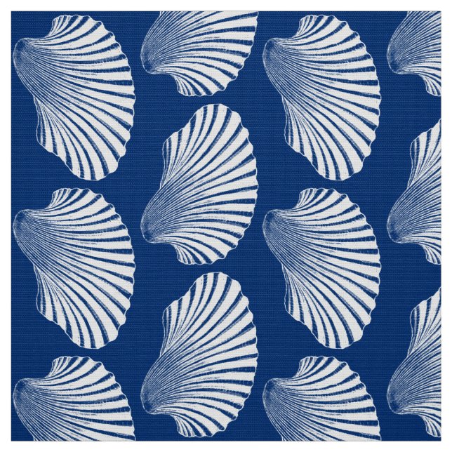 Scallop Shell Block Print, Navy Blue and White Fabric (Swatch)