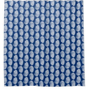 Scallop Shell Block Print, Navy Blue and White Shower Curtain