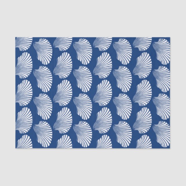 Scallop Shell Block Print, Navy Blue and White Tissue Paper (Front)