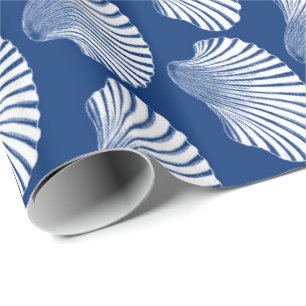 Scallop Shell Block Print, Navy Blue and White Wrapping Paper