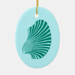 Scallop Shell Block Print, Turquoise and Aqua   Ceramic Ornament
