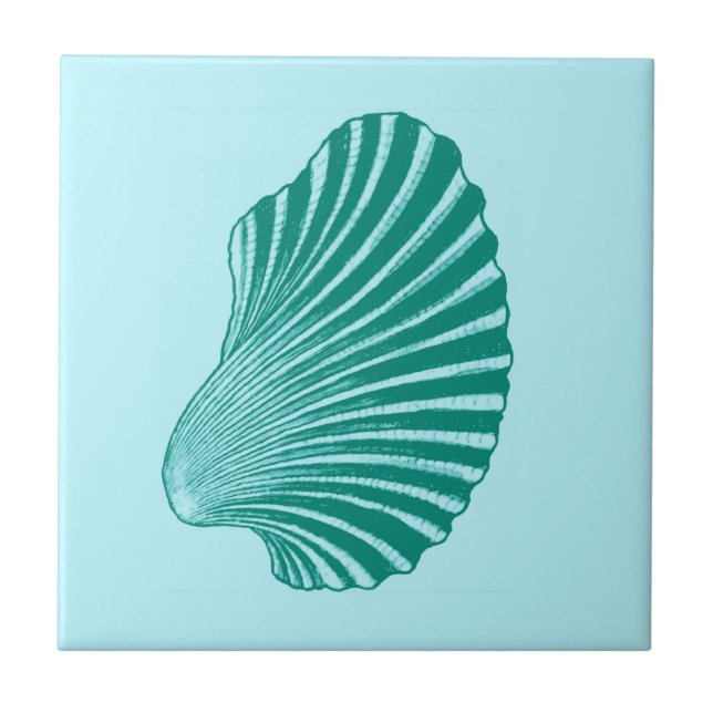 Scallop Shell Block Print, Turquoise and Aqua   Ceramic Tile (Front)