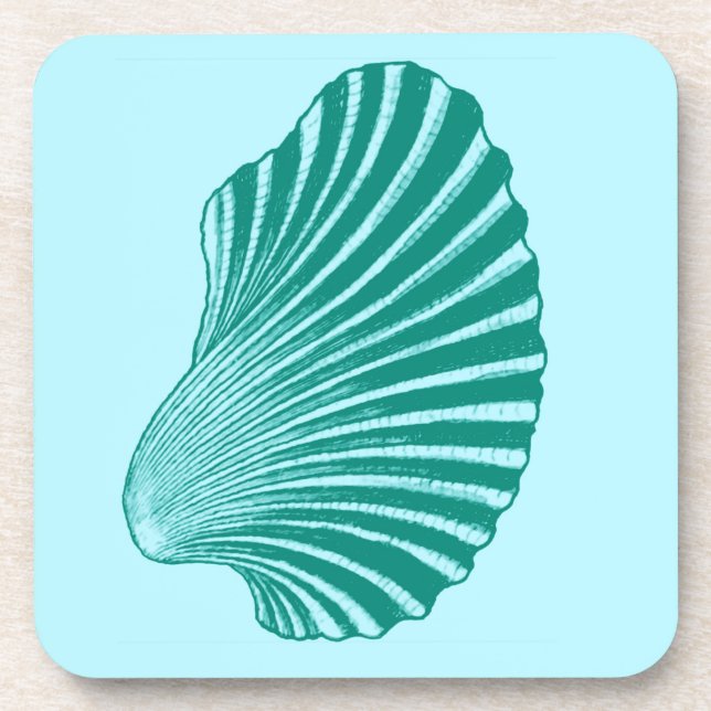 Scallop Shell Block Print, Turquoise and Aqua Coaster (Front)