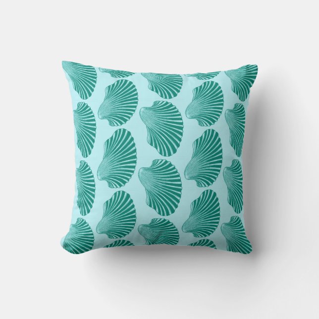 Scallop Shell Block Print, Turquoise and Aqua Cushion (Front)