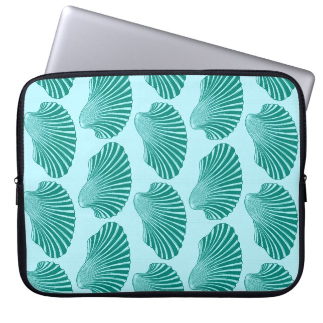Scallop Shell Block Print, Turquoise and Aqua Laptop Sleeve (Front)