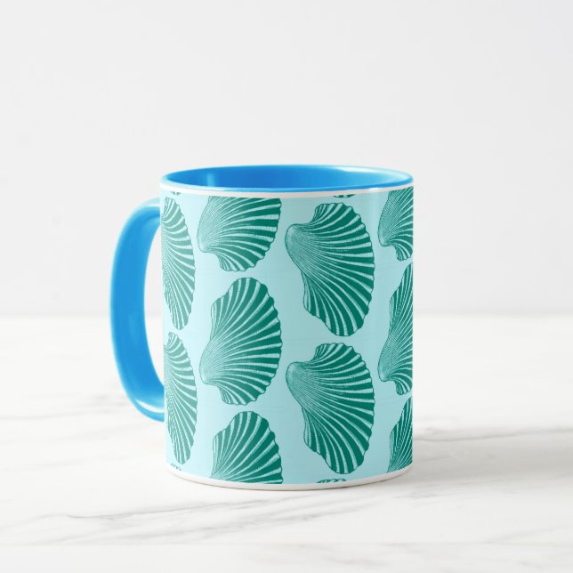 Scallop Shell Block Print, Turquoise and Aqua   Mug (Front Left)