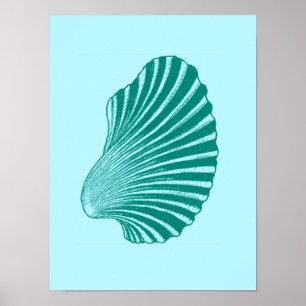 Scallop Shell Block Print, Turquoise and Aqua Poster