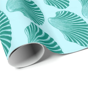 Scallop Shell Block Print, Turquoise and Aqua Wrapping Paper