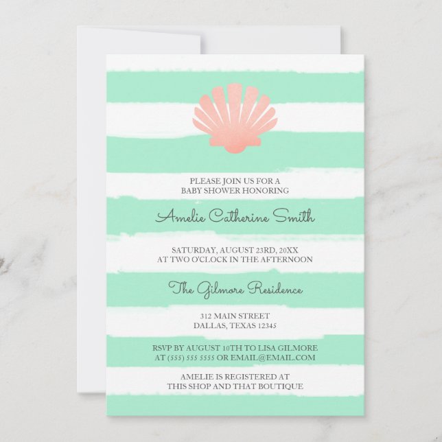 Scallop Shell | Coral & Mint | Baby Shower Invitation (Front)