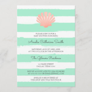 Scallop Shell   Coral & Mint   Baby Shower Invitation