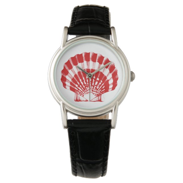 Scallop Shell - deep red and white Watch (Front)