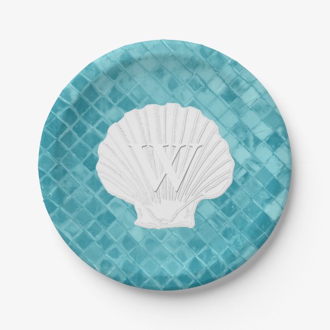 Scallop Shell Monogram Aqua Sea Glass Paper Plate (Front)